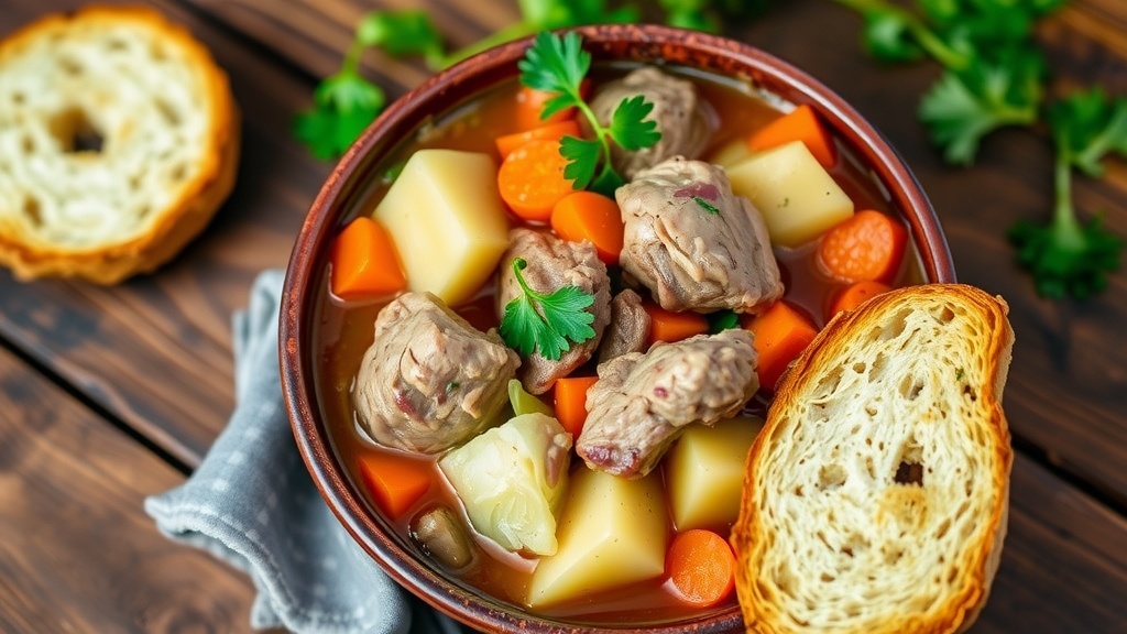 Hearty Pork and Cabbage Stew Recipe A bowl of Pork and Cabbage Stew with pork, cabbage, and carrots, garnished with parsley, on a rustic wooden table with bread.